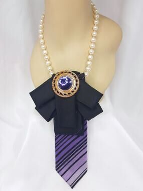 Artisan Vintage Tie Necklace Upcycled Black Purple Gold Jewel Accent Faux Pearls
